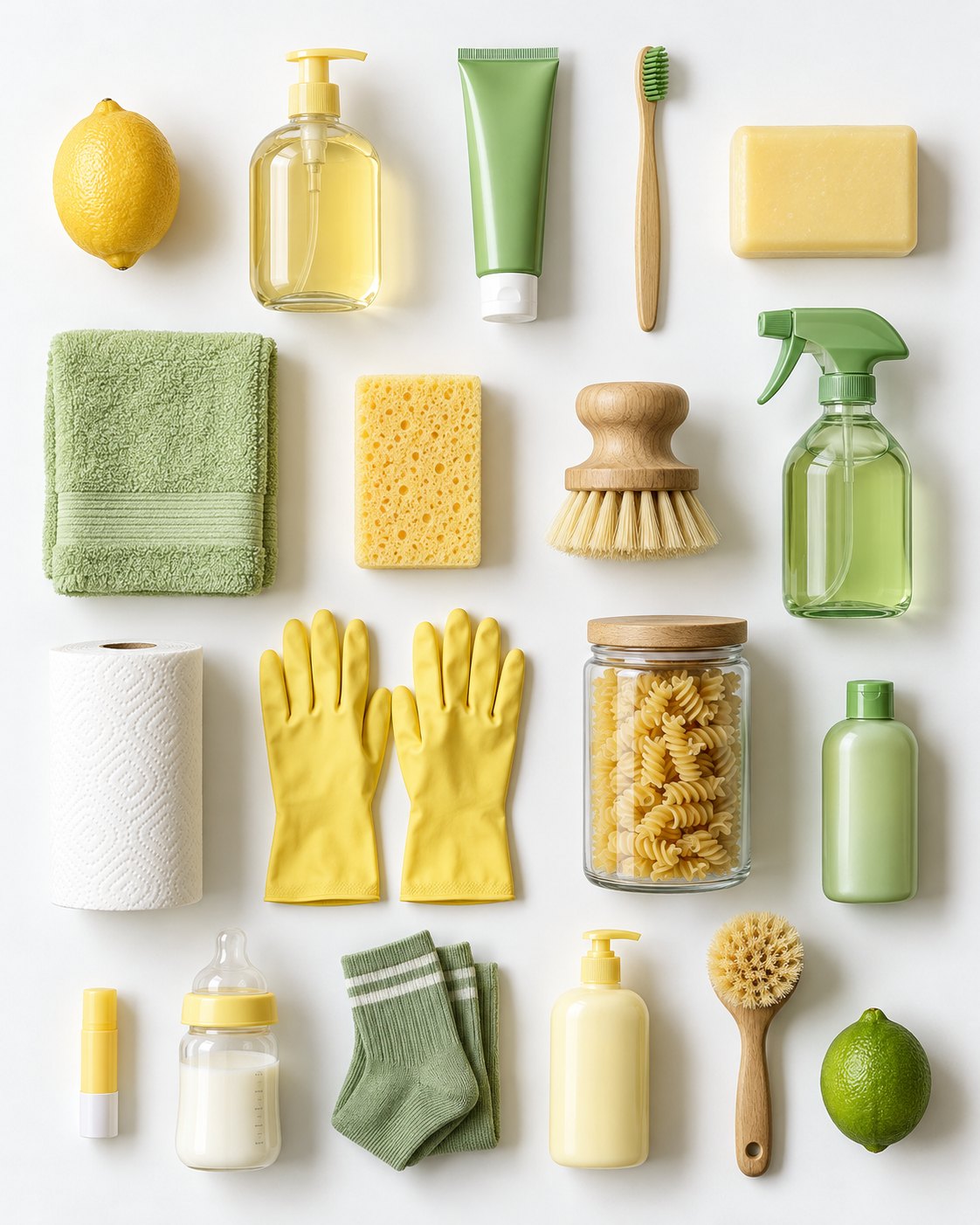 Everyday household and personal care products in lemon yellow and lime green, neatly arranged on white